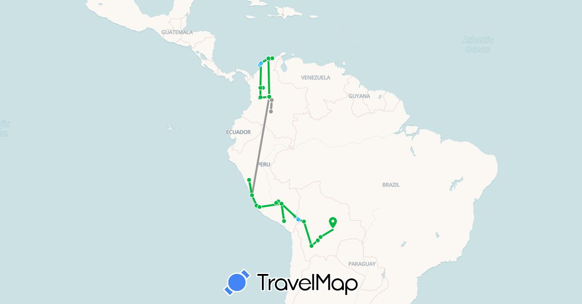 TravelMap itinerary: driving, bus, plane, boat in Bolivia, Colombia, Peru (South America)